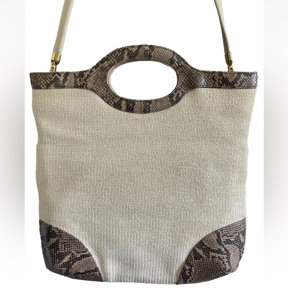 Vintage Due Fratelli Handbag Faux Snakeskin Trim Shoulder Purse Detachable Strap